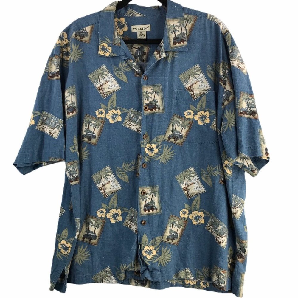 Portofino Shirt Mens XXL Hawaiian Button Down Tropical Blue Hibiscus Beach Palms